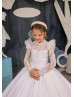 Long Sleeves White Lace Satin Stunning Flower Girl Dress